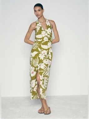 Zara Linen blend halter neck midi wrap dress XS